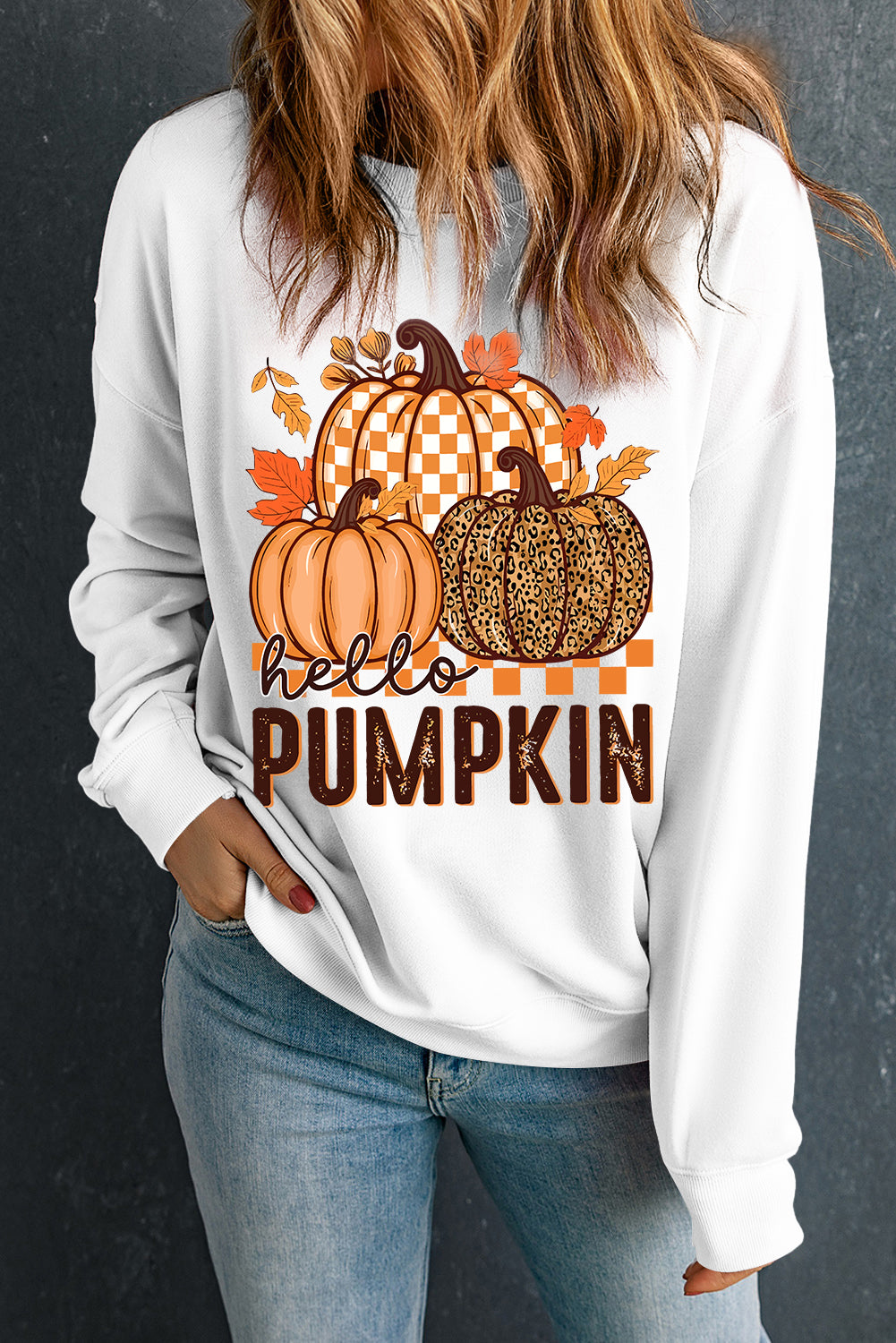 White Hello Pumpkin Thanksgiving Graphic Sweatshirt