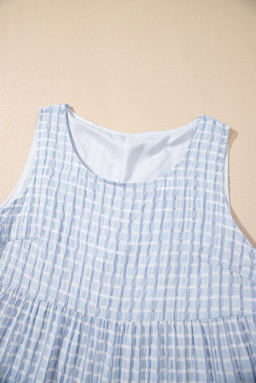 Light Blue Plaid Tiered A-line Sleeveless Mini Sundress