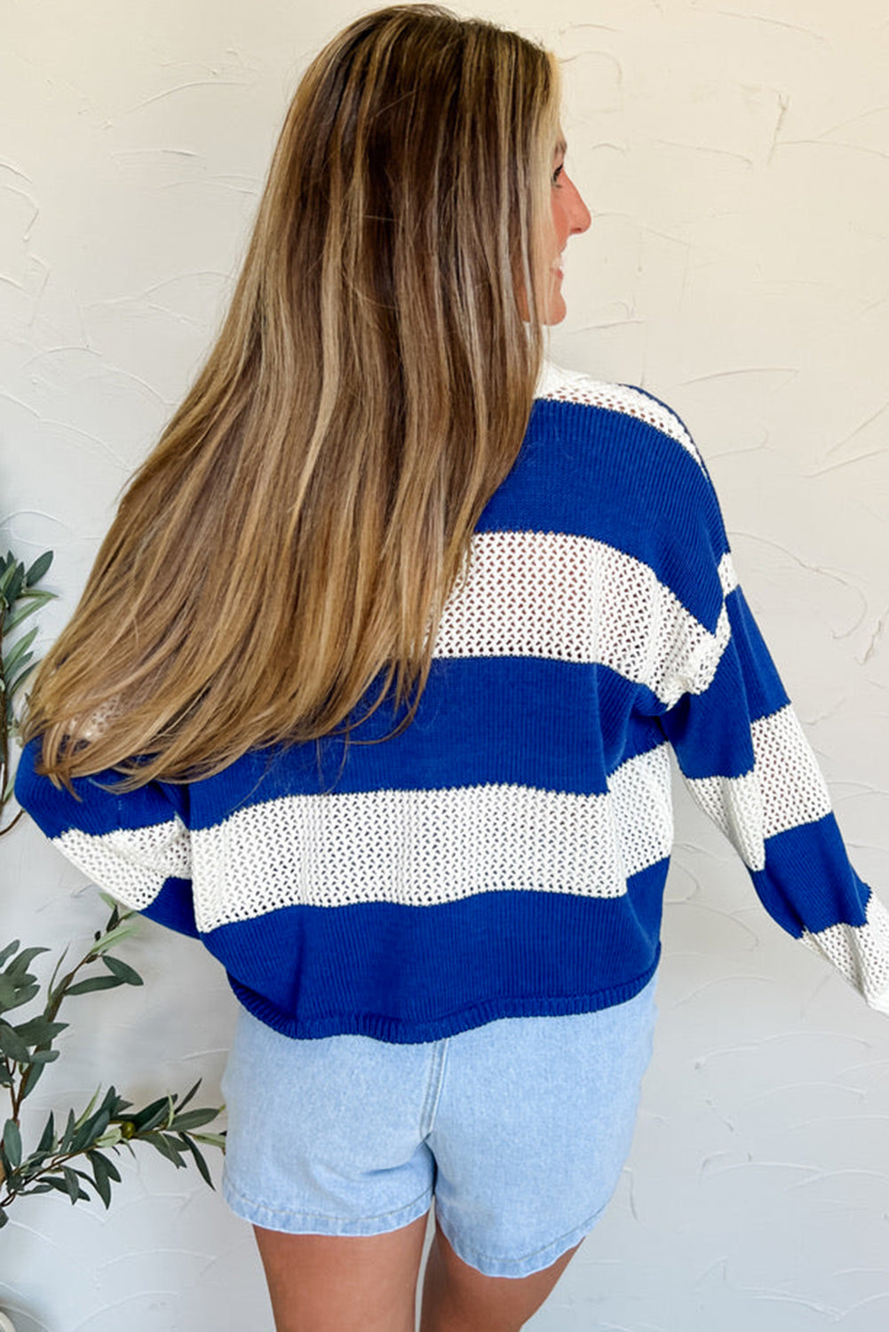 Blue Stripe Colorblock Polo Collar Eyelet Crochet Knitted Sweater
