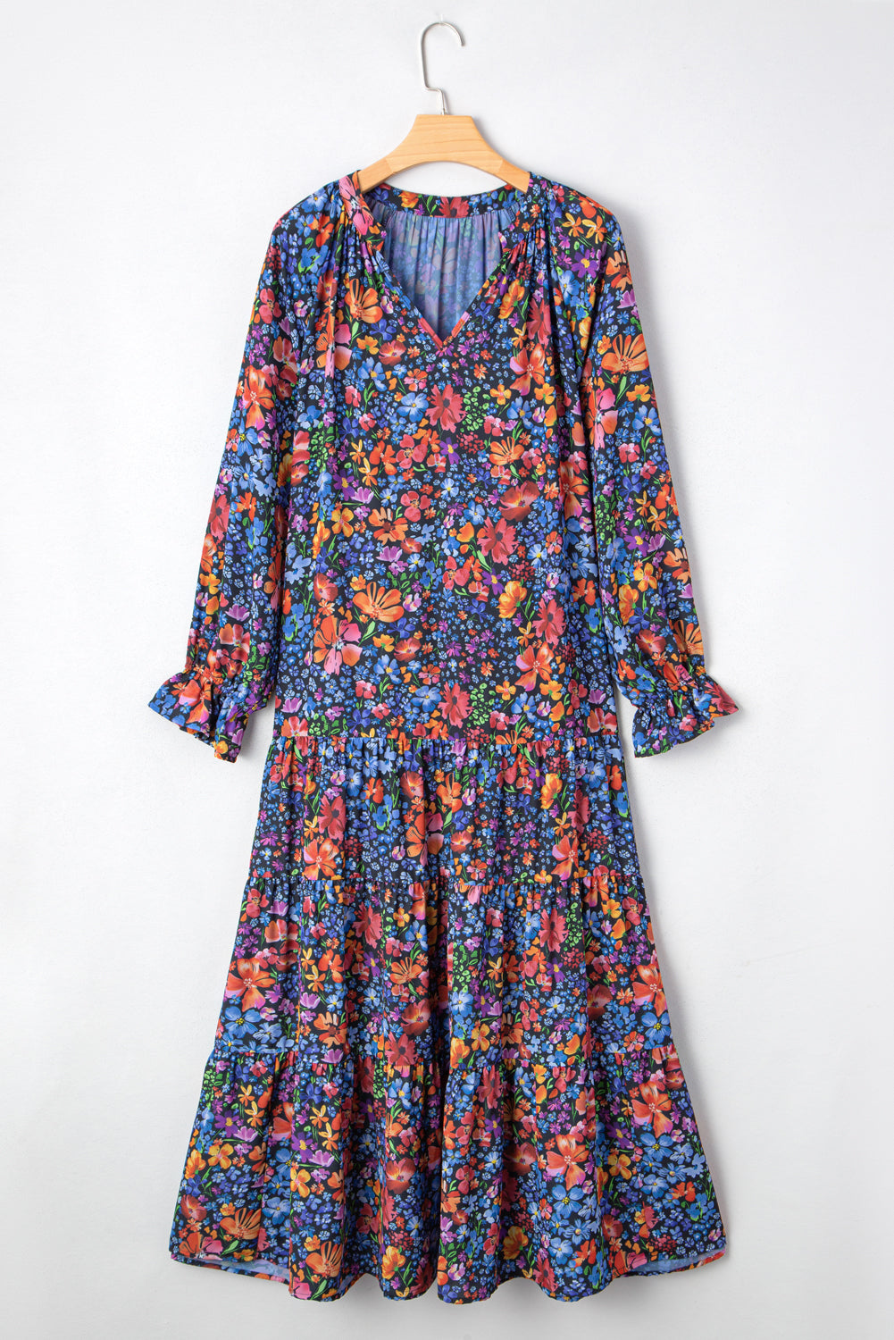 Blue Floral Print Tassel Tie V Neck Long Sleeve Flowy Long Dress