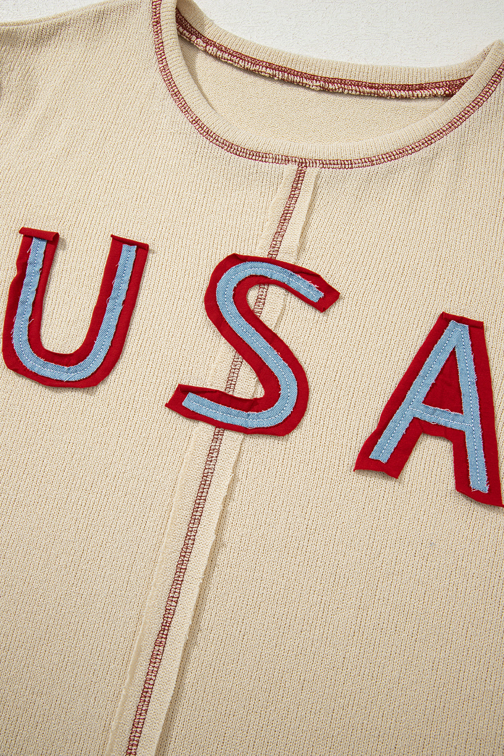 Beige USA Star Contrast Patchwork Exposed Seam Long Sleeve Top