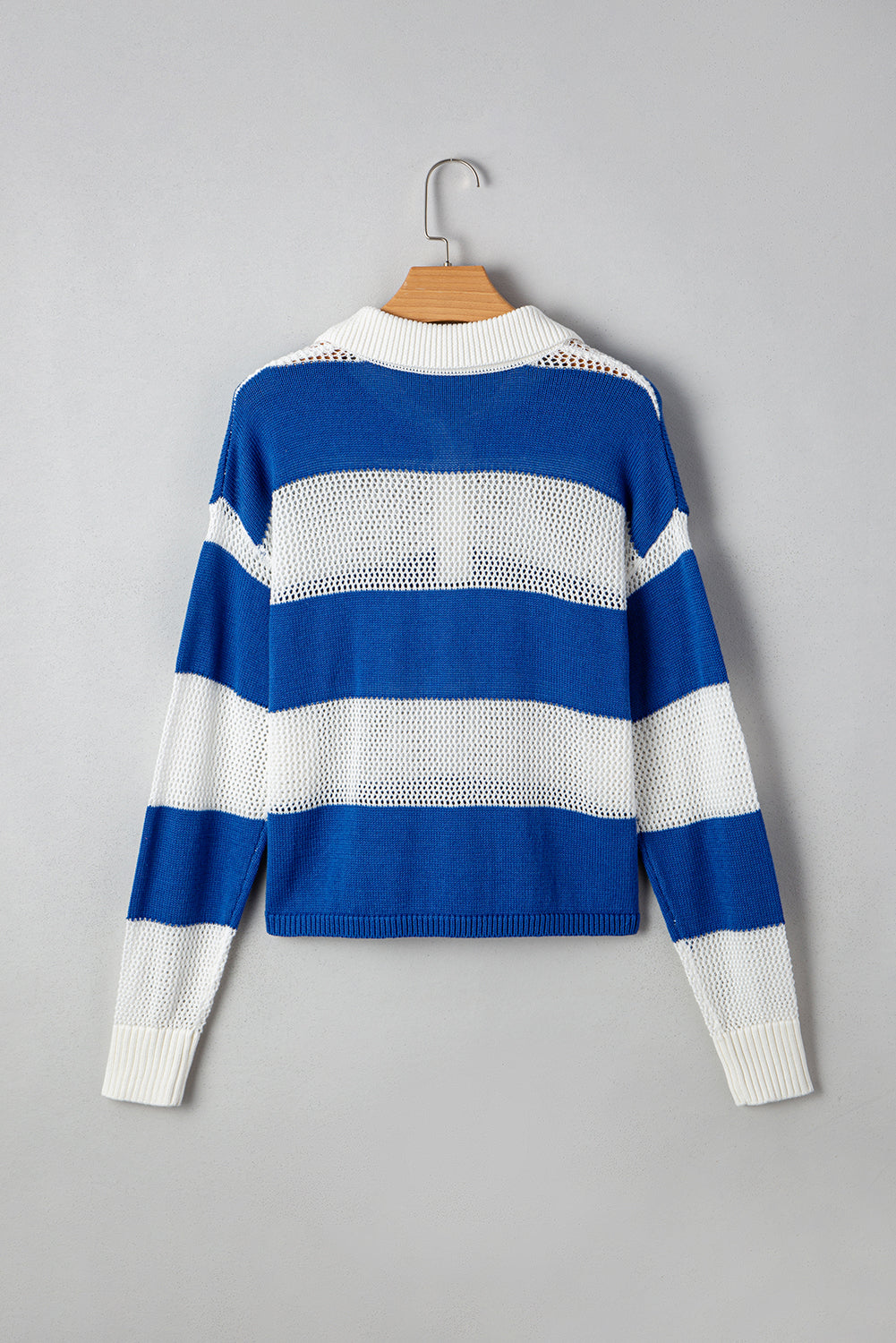Blue Stripe Colorblock Polo Collar Eyelet Crochet Knitted Sweater