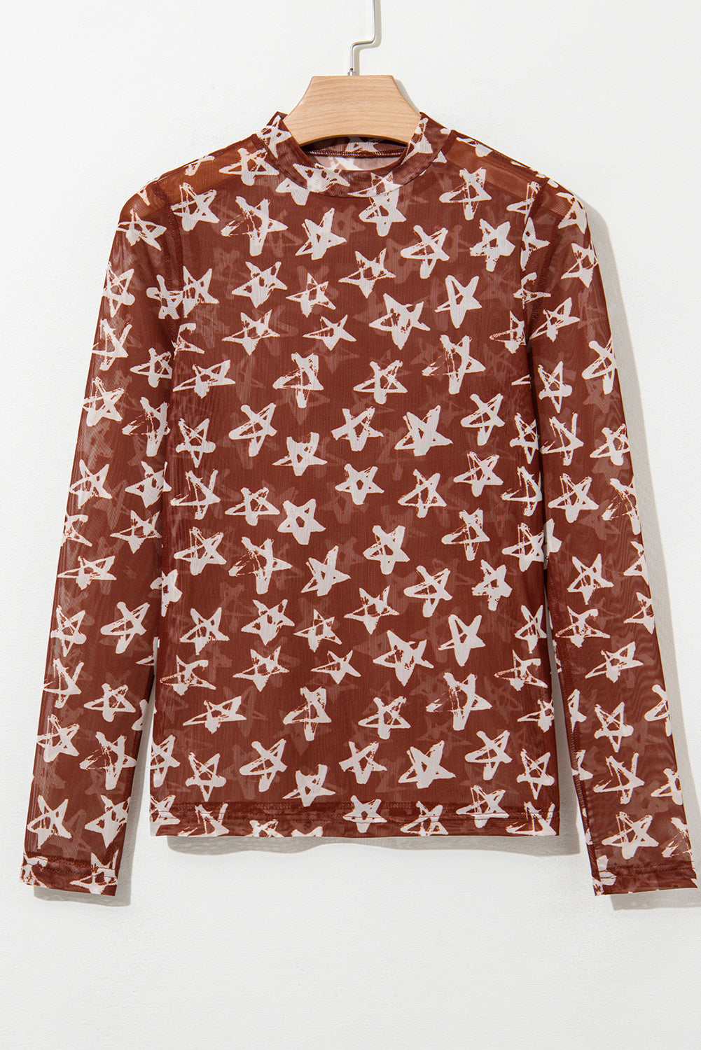 Red Mesh Star Print Mock Neck Sheath Long Sleeve Top