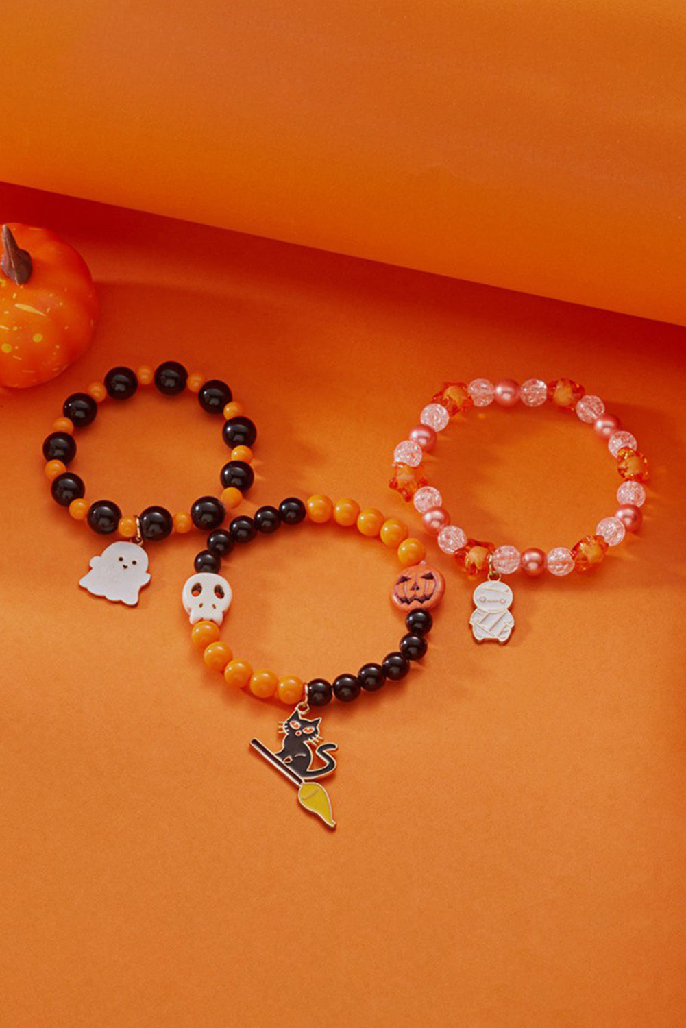 Orange 3pcs Hallowen Pendent Elastic Beaded Bracelet Set