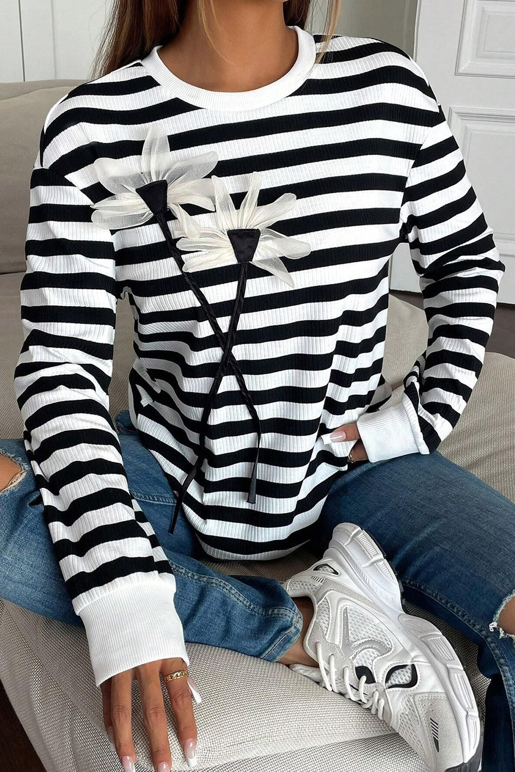 Black White Ribbed Striped Floral Applique Long Sleeve Top