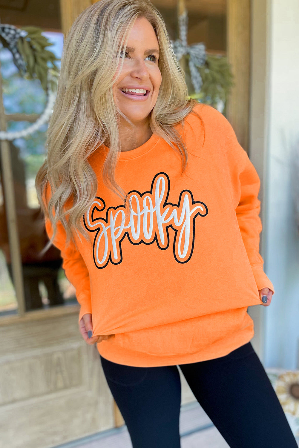 Grapefruit Orange Spooky Graphic Halloween Crew Neck Holiday Sweatshirt