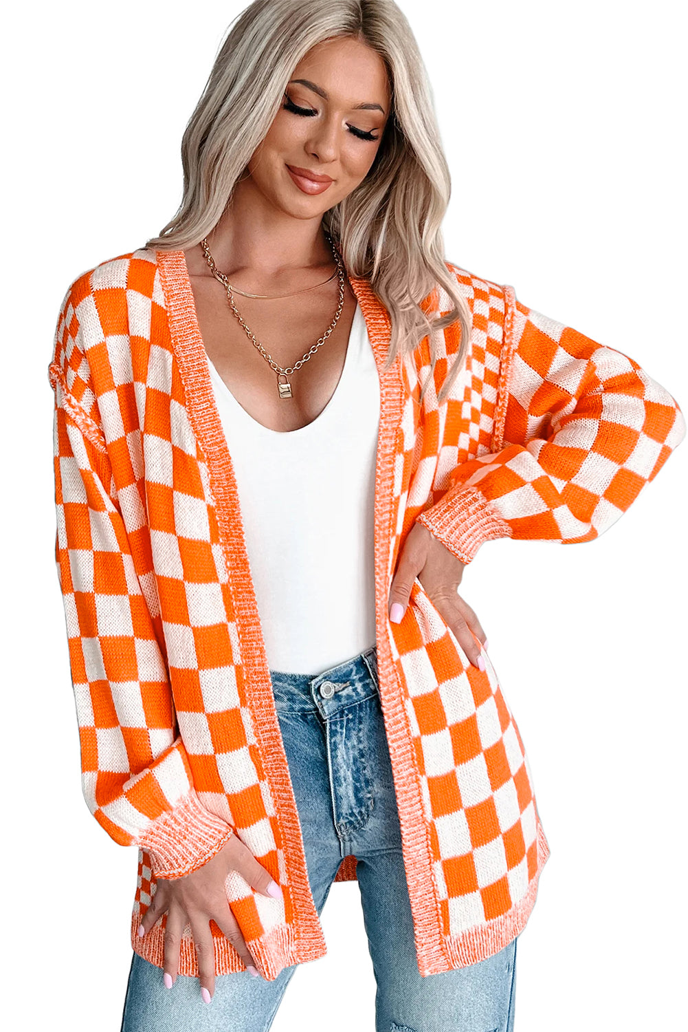 Orange Checkered Open Front Drop Shoulder Cardigan