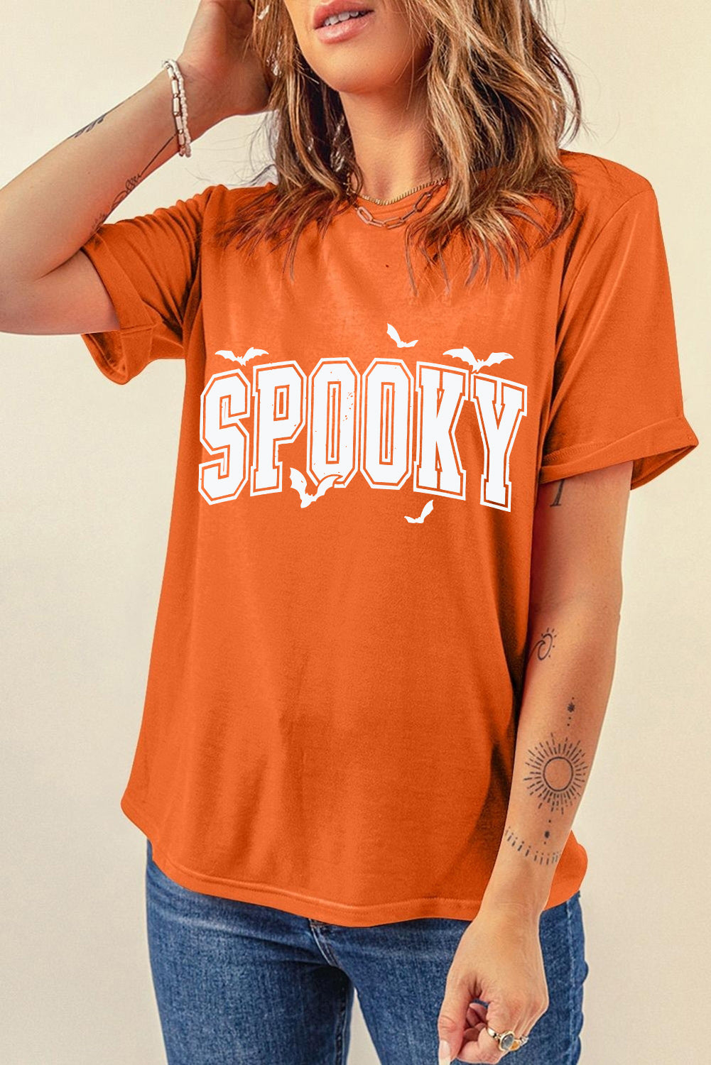 Orange SPOOKY Print Crewneck Halloween T Shirt