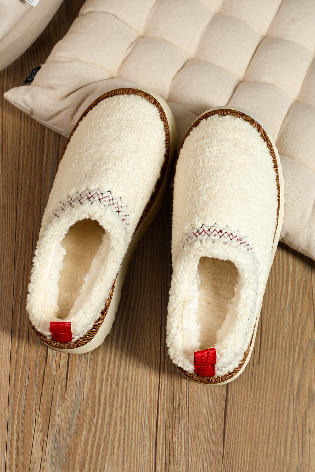White Embroidered Sherpa Plush Thick Sole Winter Slippers