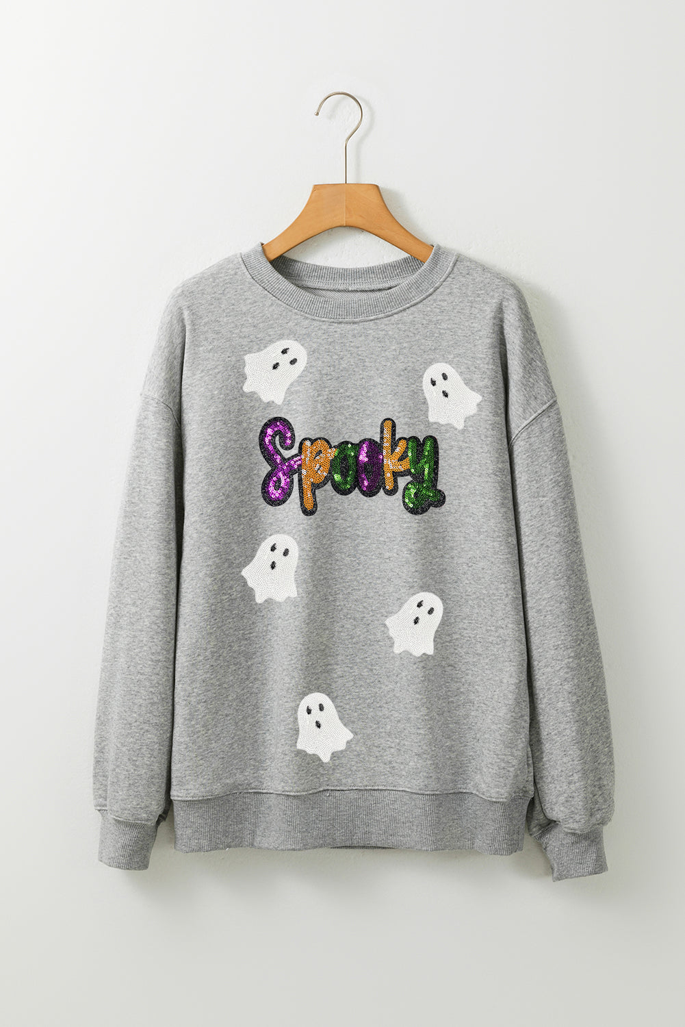 Gray Spooky Halloween Ghost Sequin Patched Sweatshirt