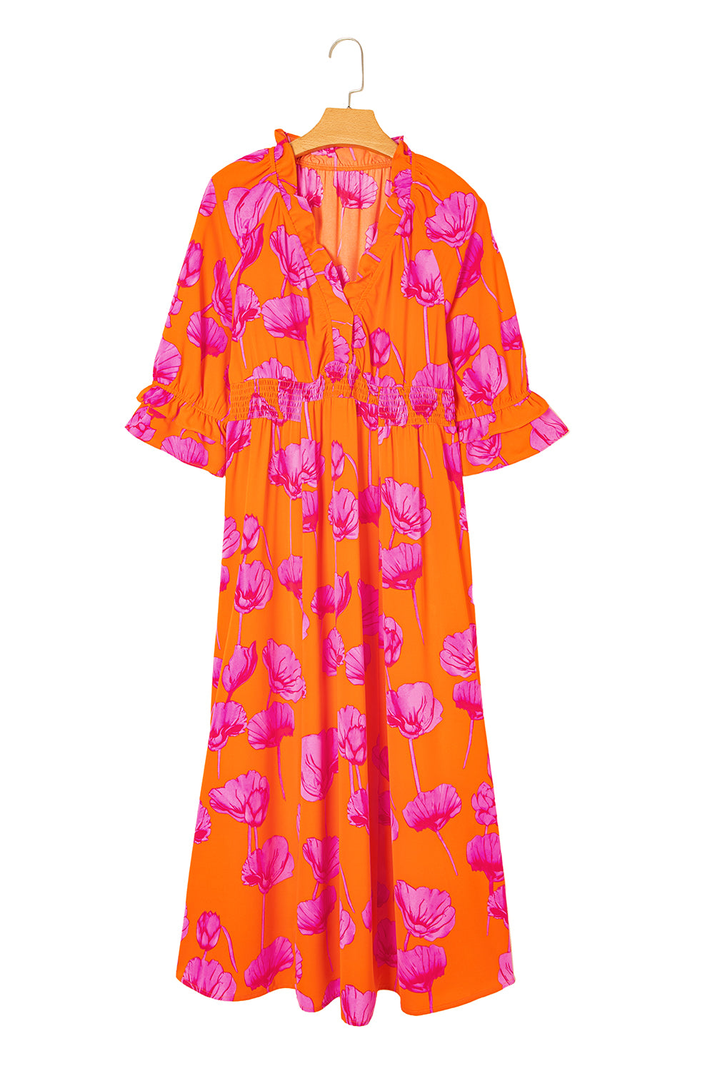 Orange Floral Print Frilly Smocked V Neck 3/4 Sleeve Long Dress