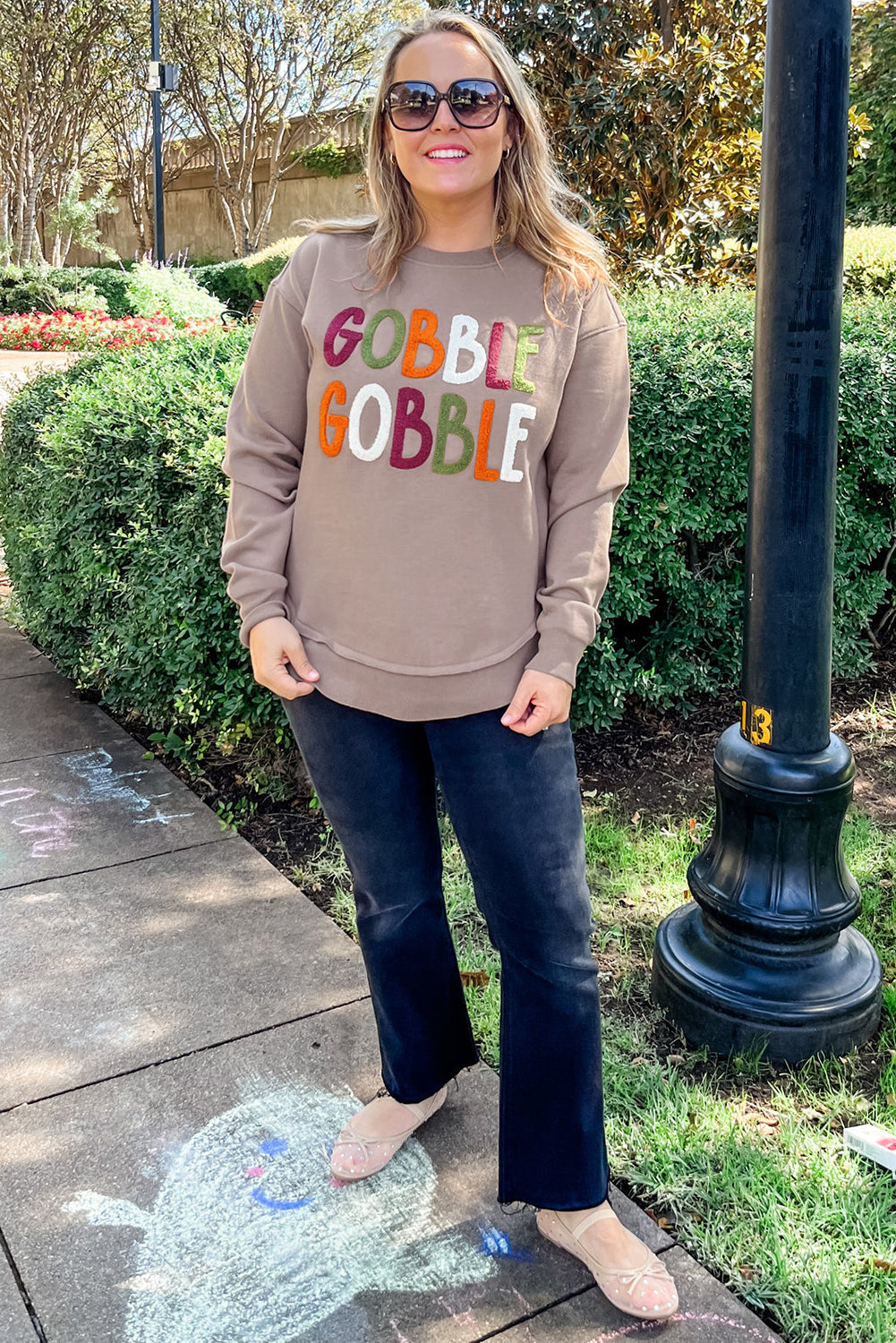 Dark Khaki GOBBLE Letter Graphic Thanksgiving Shift Sweatshirt