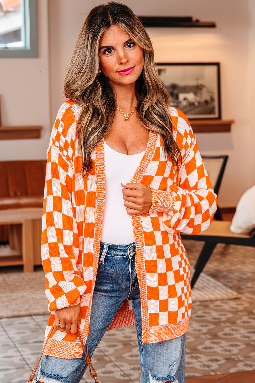 Orange Checkered Open Front Drop Shoulder Cardigan