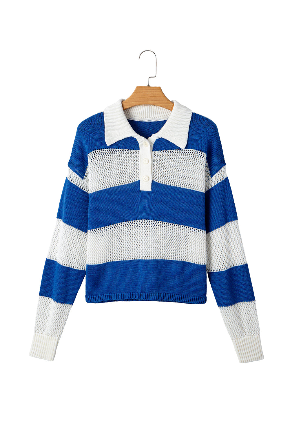 Blue Stripe Colorblock Polo Collar Eyelet Crochet Knitted Sweater