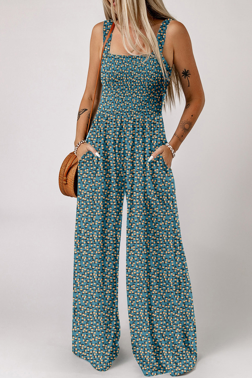 Green Floral Print Smocked High Waist Square Neck Jumpsuit