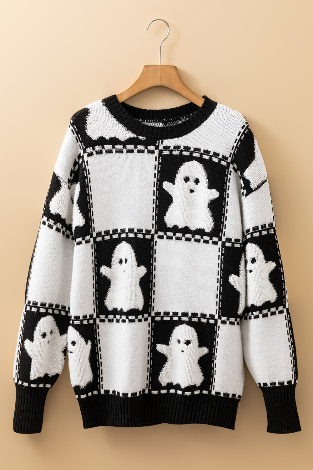Black Halloween Ghost Checkered Drop Shoulder Sweater