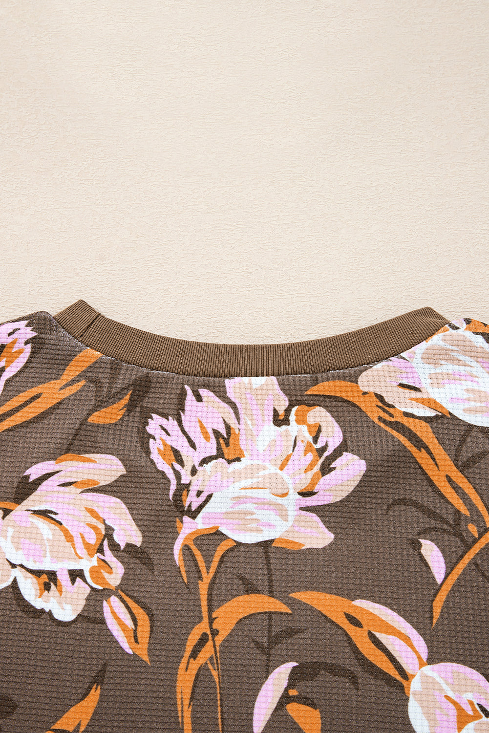 Brown Floral Print Waffle Textured Long Sleeve Top