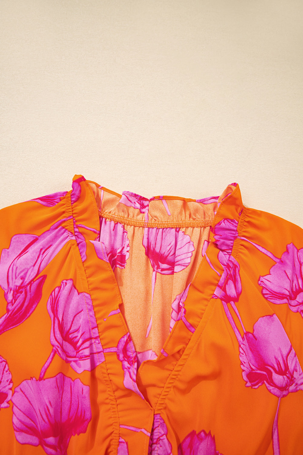 Orange Floral Print Frilly Smocked V Neck 3/4 Sleeve Long Dress