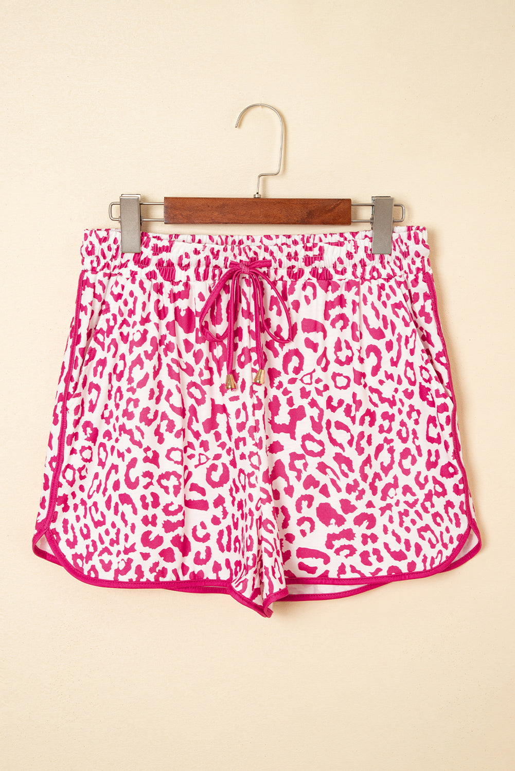 Pink Leopard Elastic Waist Lace up Contrast Trim Casual Shorts