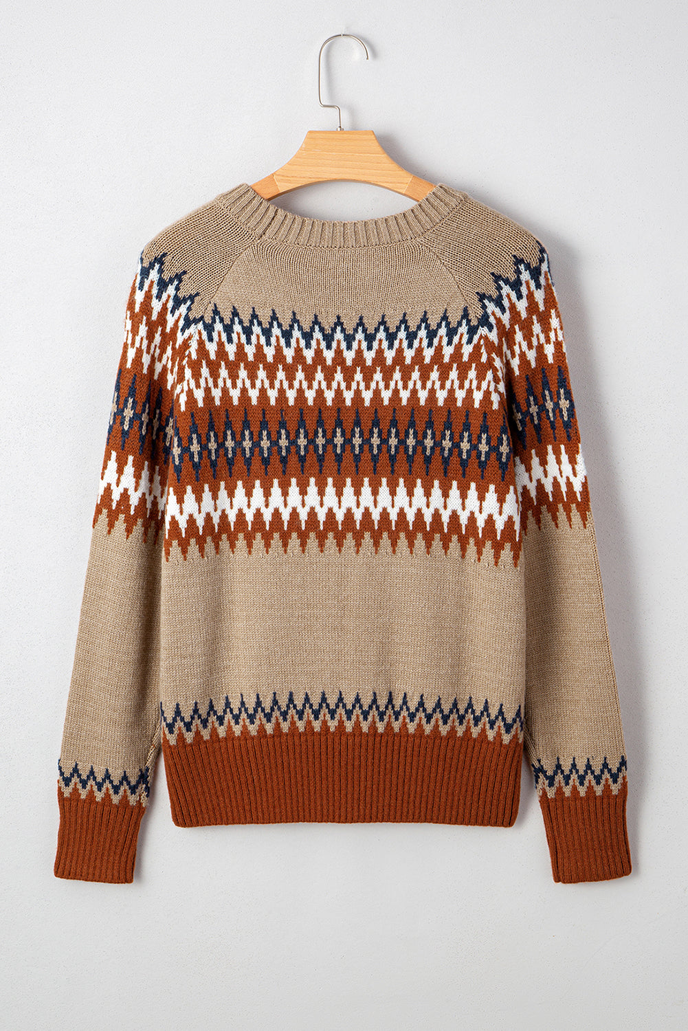Khaki Aztec Print Colorblock Crew Neck Sweater