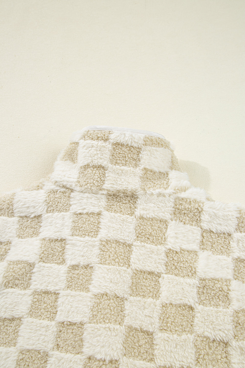 Khaki Sherpa Checkerboard Snap Button Vest Jacket With Pocket