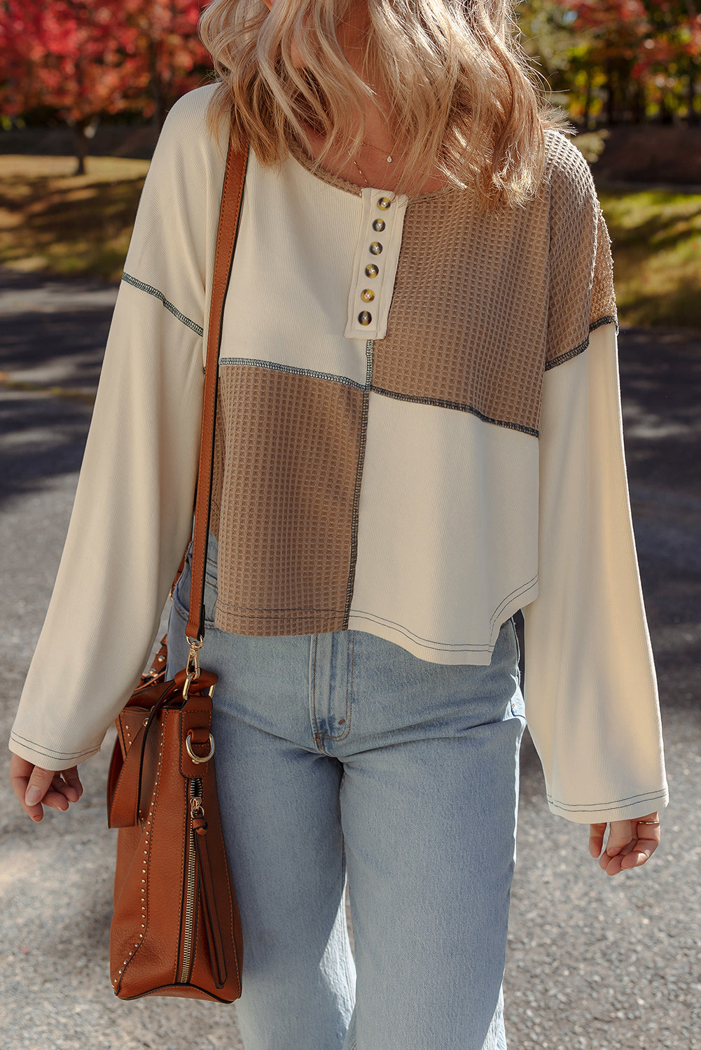 Beige Waffle Patchwork Stitch Detail Long Sleeve Henley Top