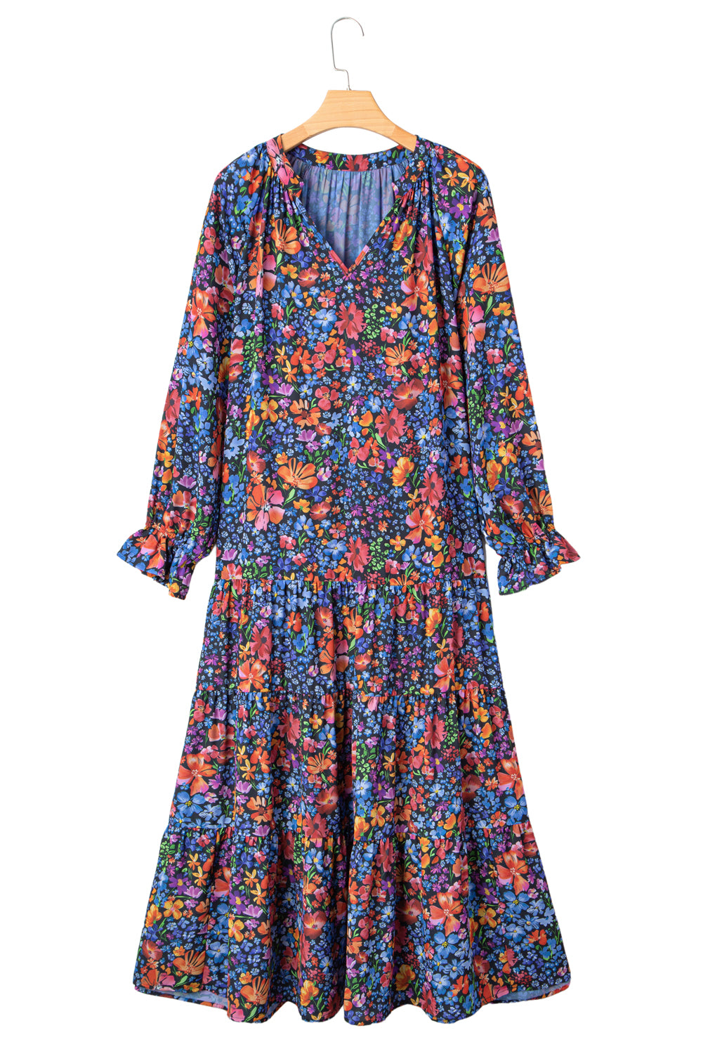 Blue Floral Print Tassel Tie V Neck Long Sleeve Flowy Long Dress