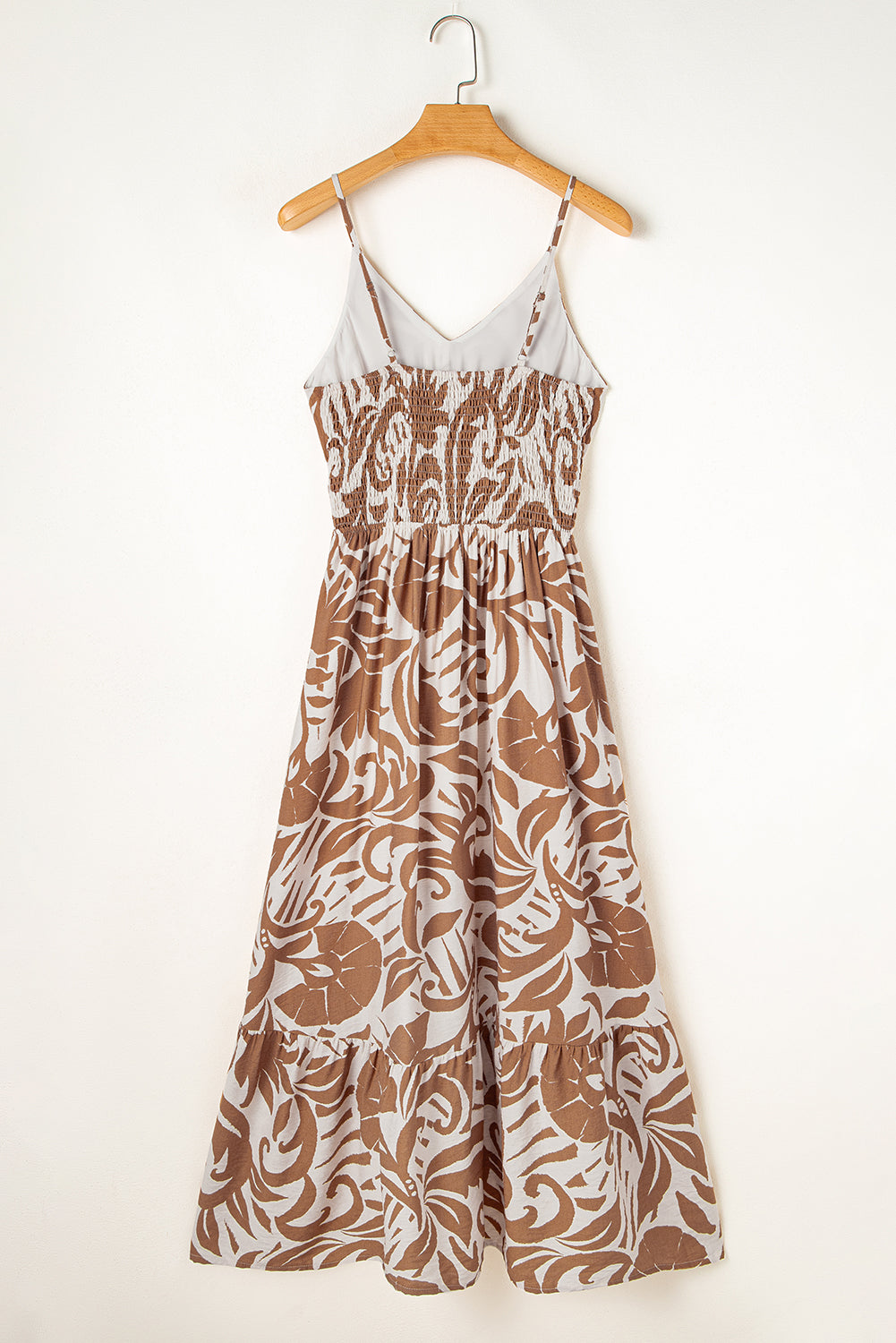 Khaki Floral Shirred High Waist Spaghetti Straps Maxi Dress