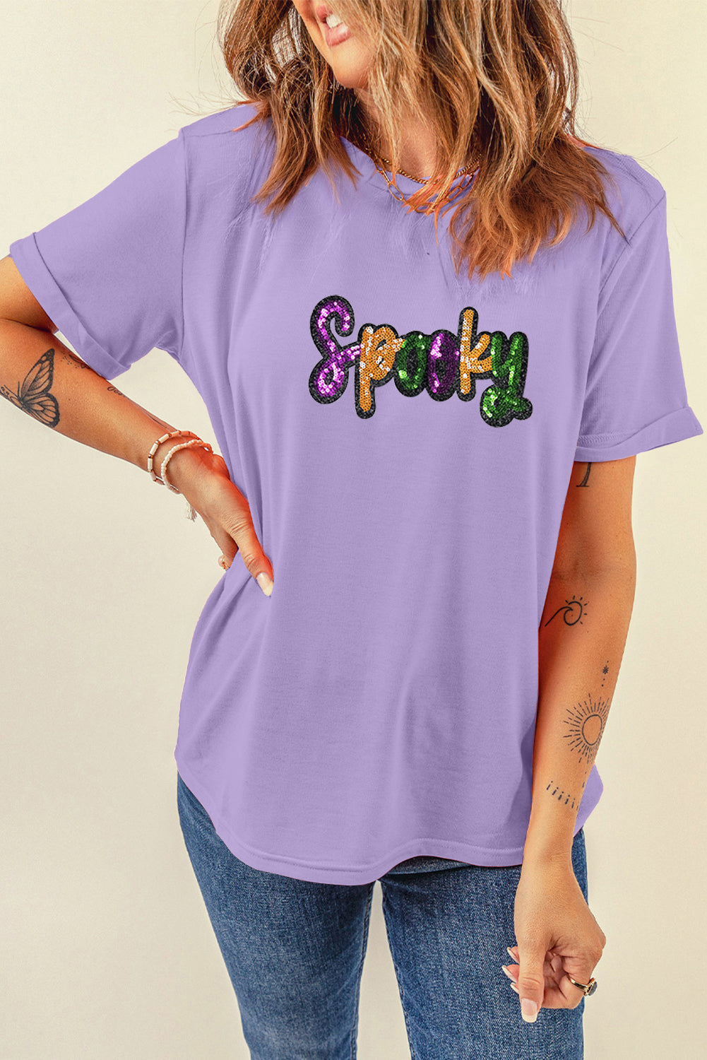 Wisteria Spooky Sequin Letter Patched Cotton Blend T Shirt
