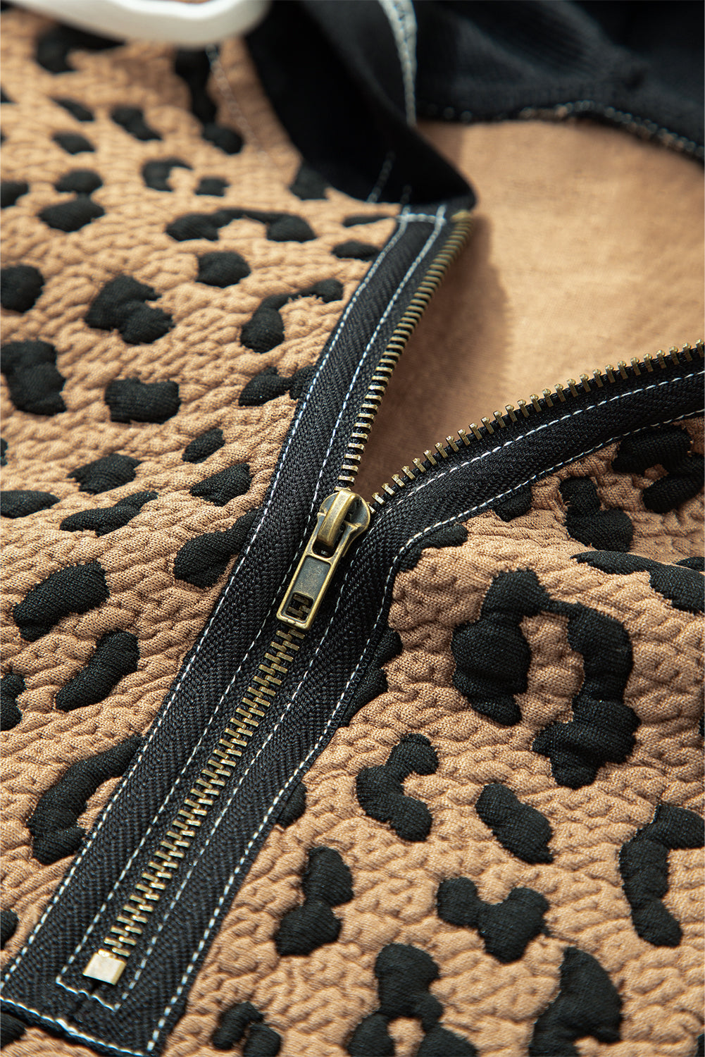 Brown Leopard Patchwork Contrast Stitching Knotted Cuff Quarter Zip Hoodie