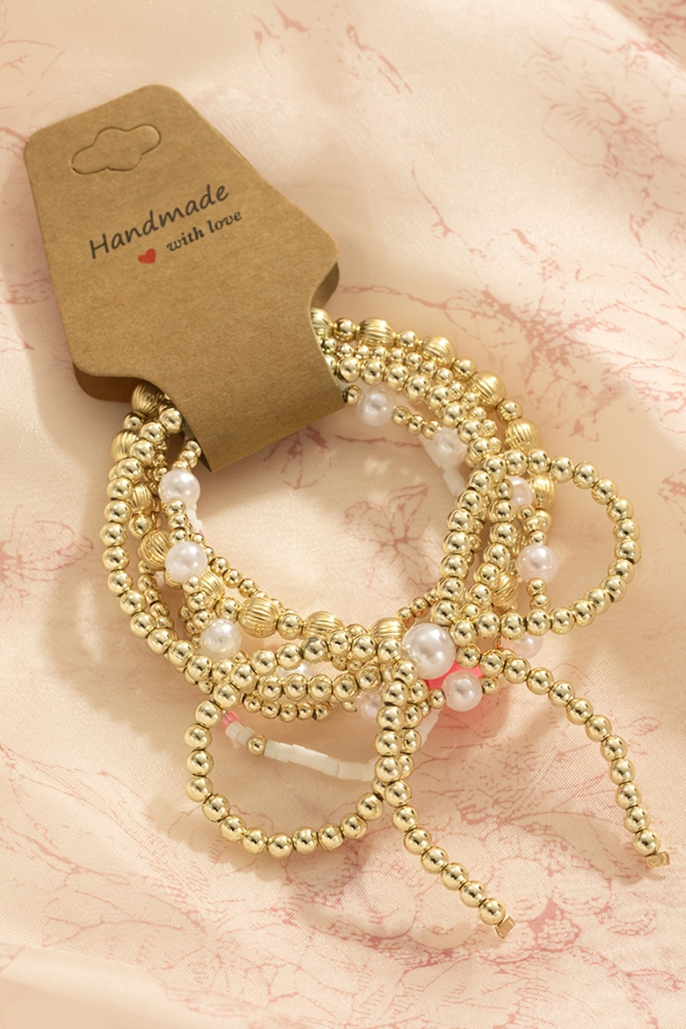 Gold Bow Pearl Cross Beaded Bracelet Set