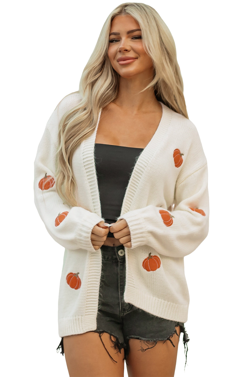 White Pumpkin Print Open Front Drop Shoulder Midi Cardigan