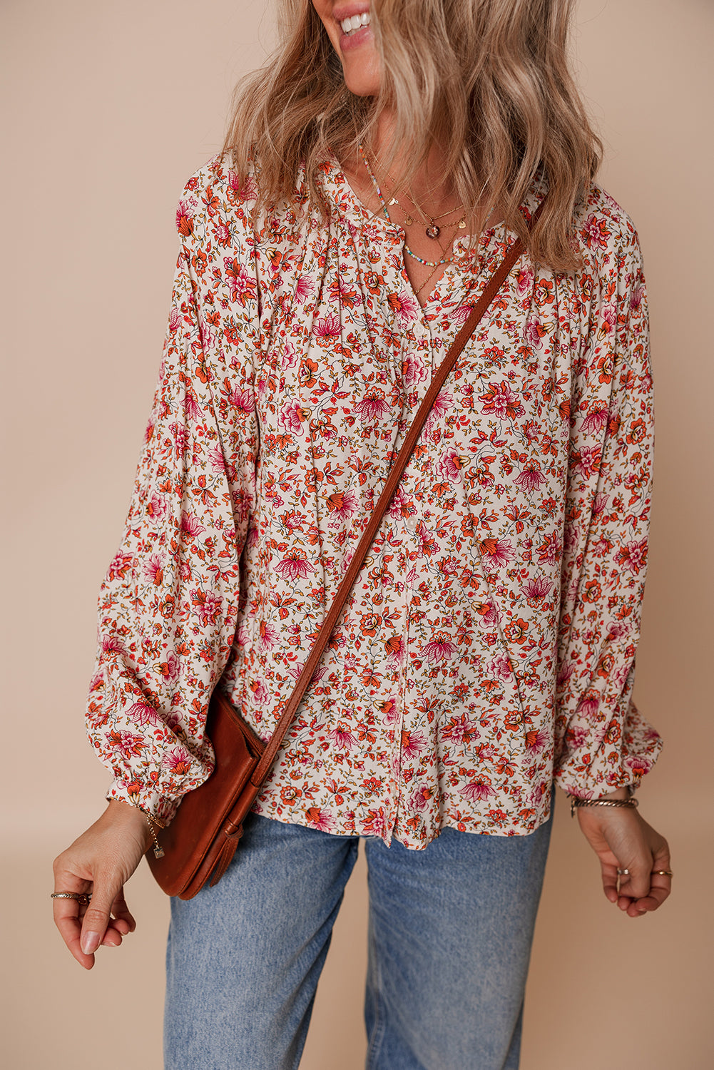 Red Floral Print Pleated Detail Notched Neck Puff Sleeve Blouse