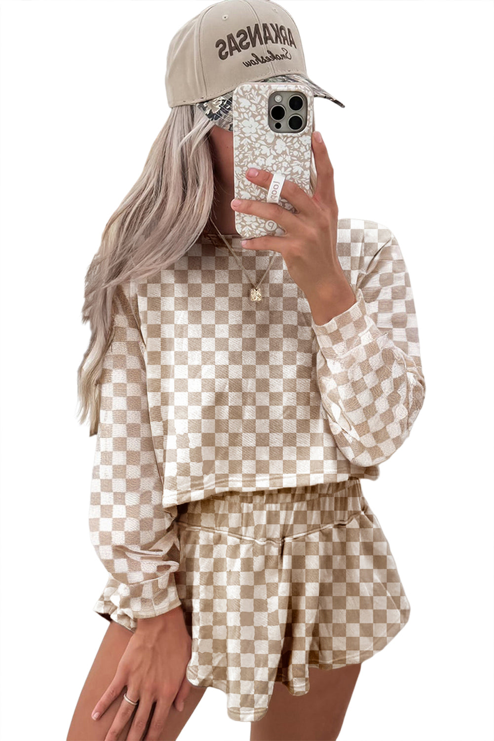 Khaki Checkered Long Sleeve Crop Top High Waist Skort 2pcs Set